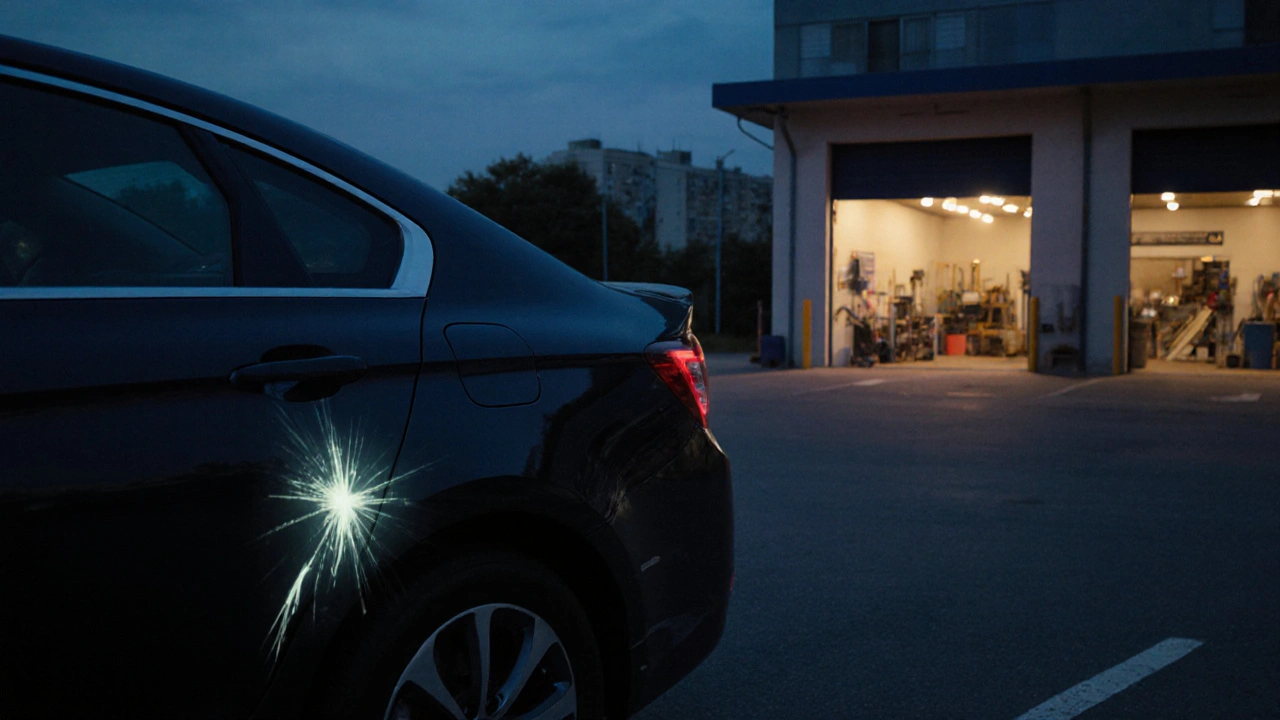 Auto v parkovacím prostoru ve večerním světle, s vyznačenou škrábancí a vzdálenou detailingovou dílnou na pozadí.