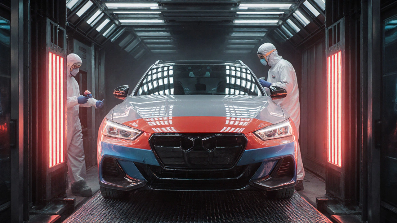 Auto v sušárně během nanesení tří vrstev laku: základ, barva a průhledný lak.