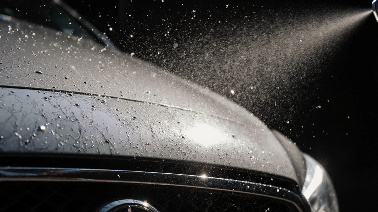 Detail nárazníku auta pod sluncem, kde se přes poškození nanáší čerstvý lak v kapkách ve vzduchu.