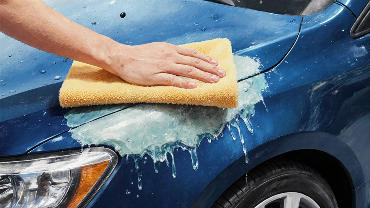 Detail nátěru auta, kde se cizí lak rozpouští pod mírným dotykem hadříku, zatímco vlastní lak zůstává nepoškozený.