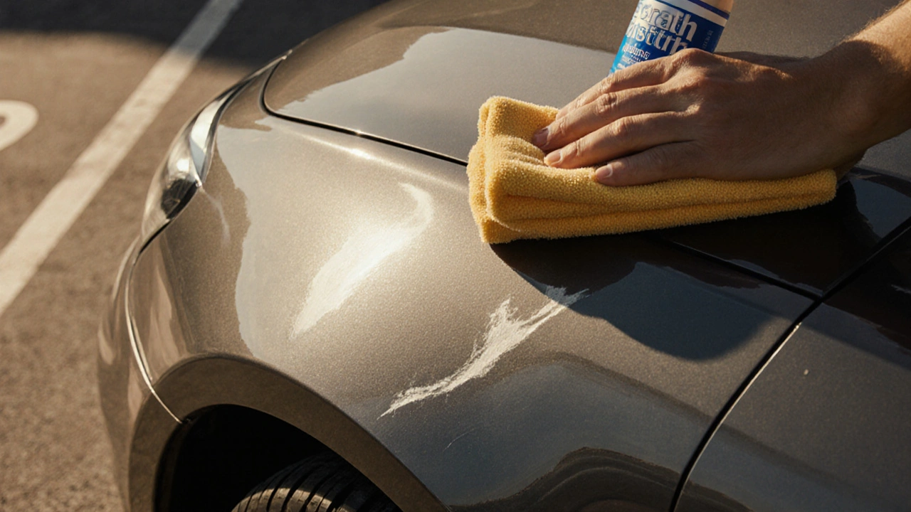 Jemné polírování povrchového škrábnutí na karosérii auta mikrovláknovým hadříkem.