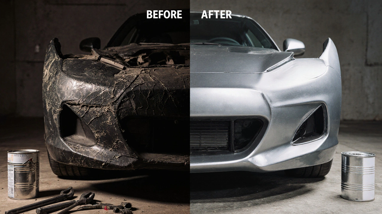 Porovnání poškozeného a obnoveného nárazníku auta: jedna strana poškrábaná, druhá lesklá a nová.