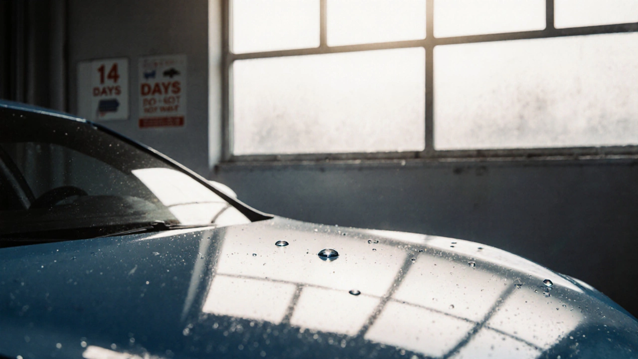 Přelakované auto v garáži po 14 dnech výdrže, dokonalý lesk pod slunečním světlem.