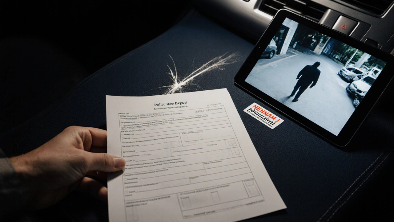 Ruka drží policejní hlášení vedle auta s poškozením, na tabletu je záznam z bezpečnostní kamery.