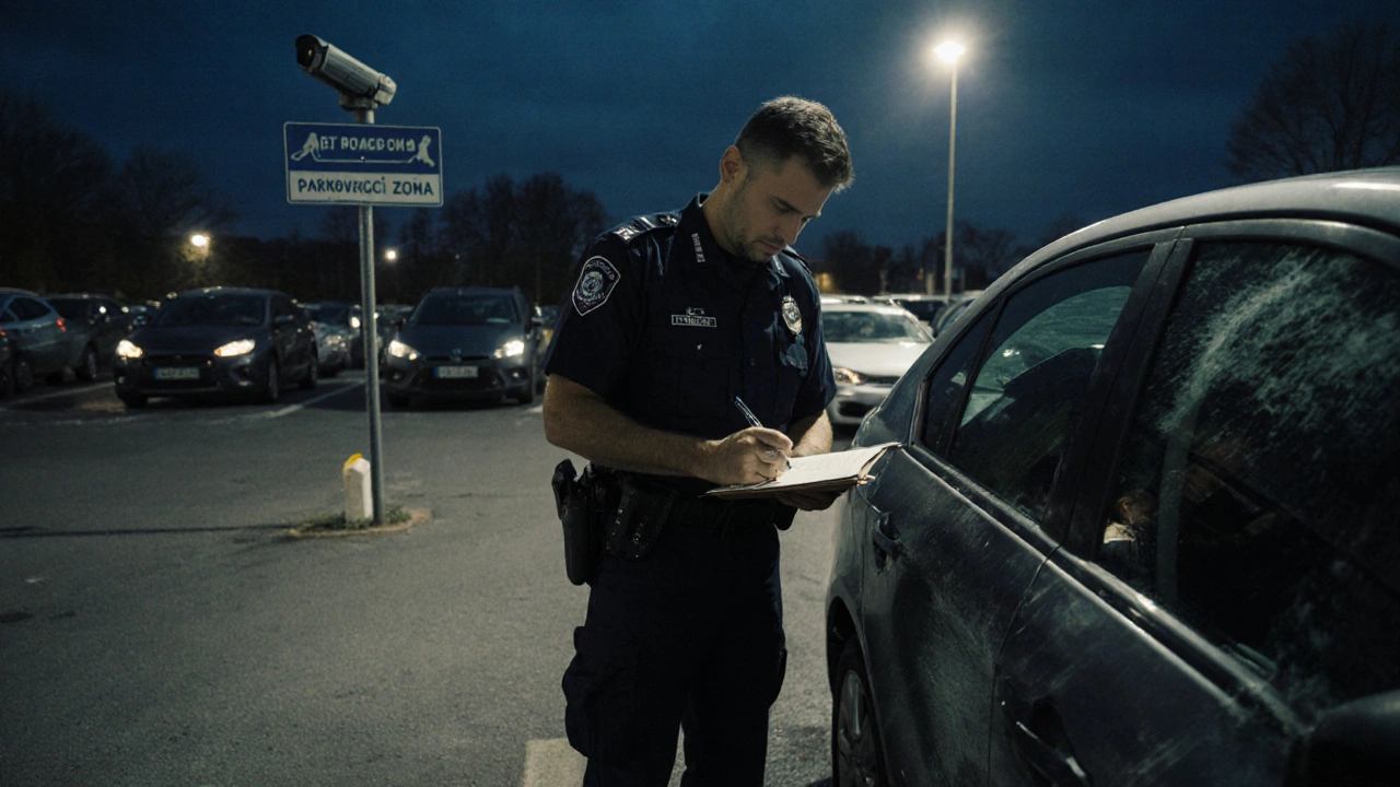 Český policista vyplňuje protokol o škodě u poškozeného auta v parkovišti s kamerou na pozadí.