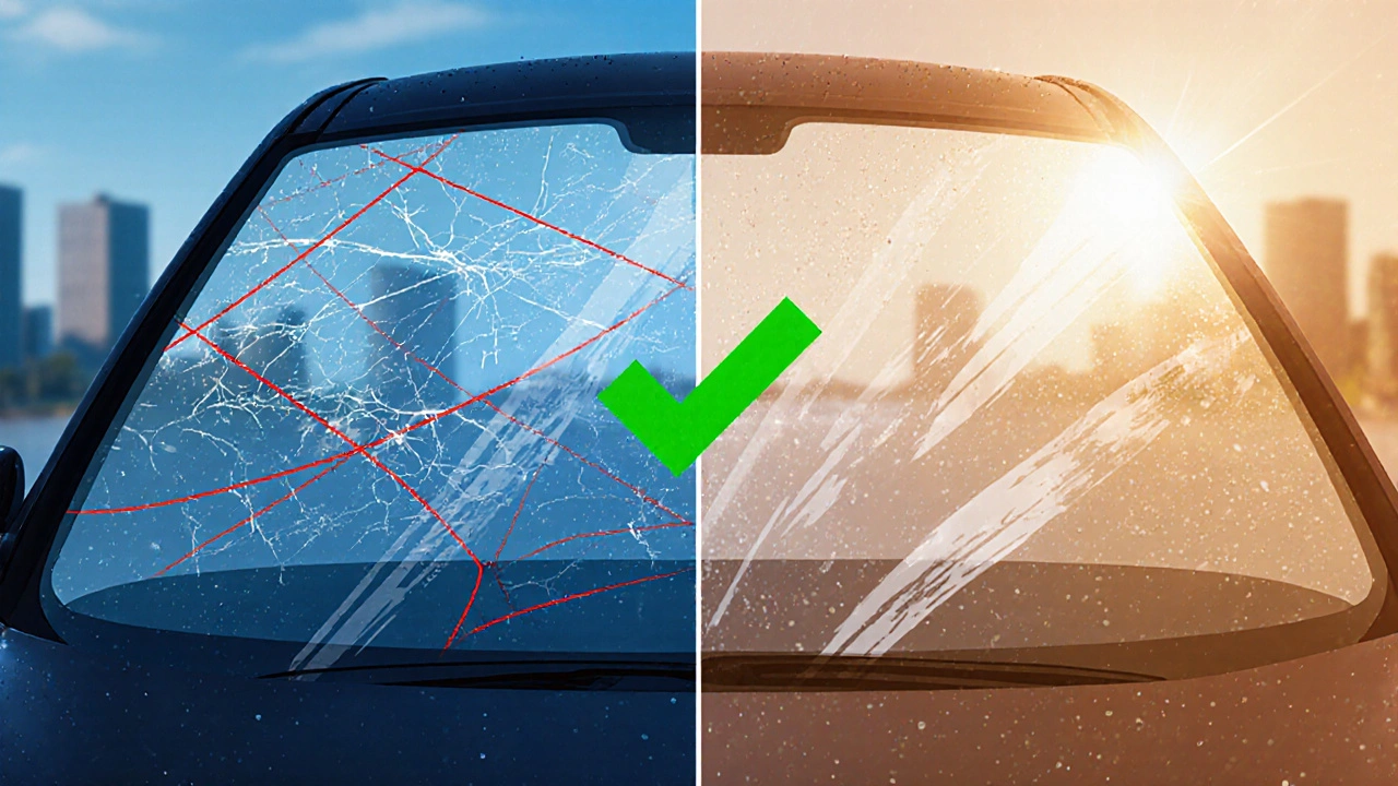 Dvoučástný názorný obrázek: škrábance a trhliny vlevo, hladké a ochranně upravené sklo vpravo.