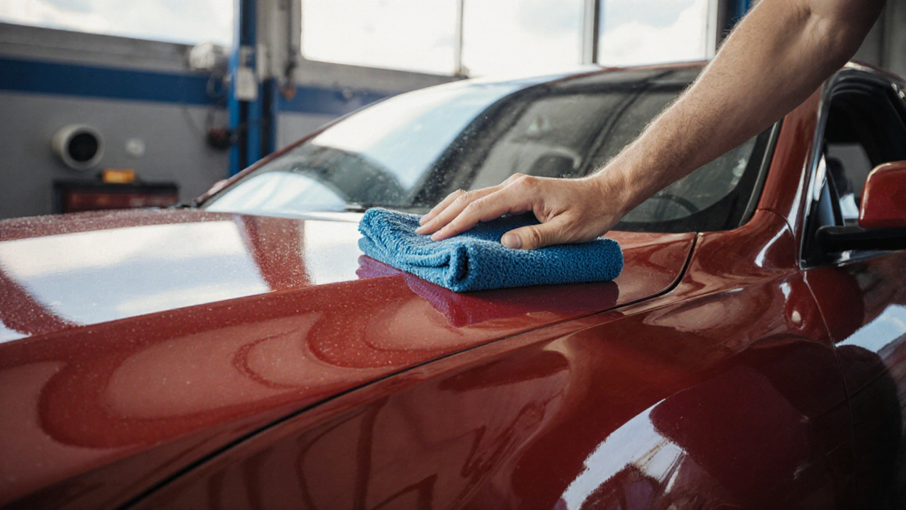 Nově nabarvené auto v ranním světle s jemným polírováním povrchu.