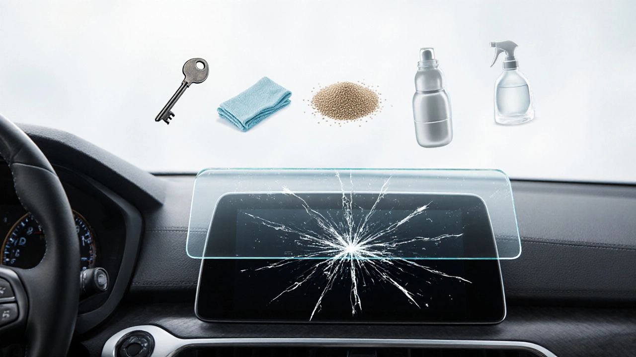 Průhledná ochranná fólie se přilnavě aplikuje na displej, zatímco se nad ním zastavují symboly poškození.