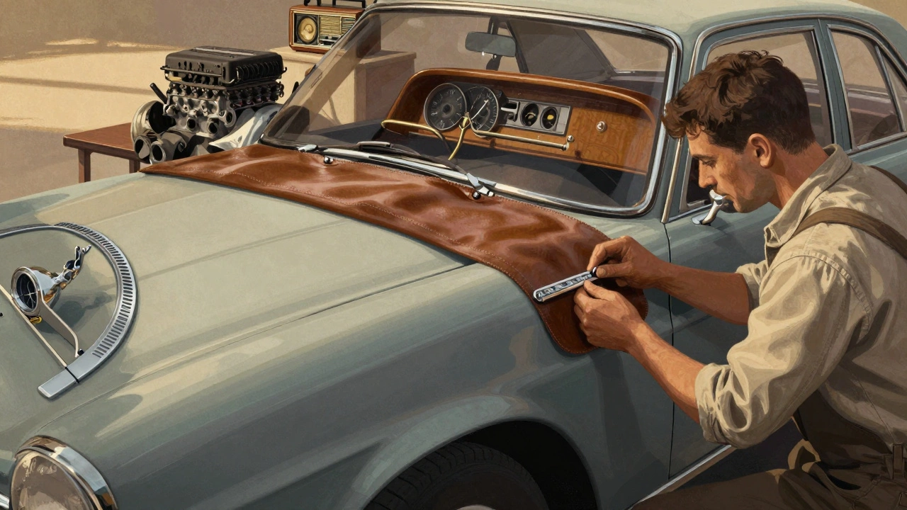 Renovace historického Mercedesu 280 SE s přesnou obnovou dřevěného dashboardu a kovových detailů.