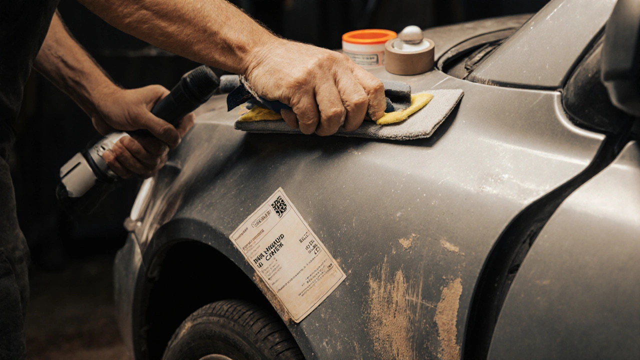 Ruce sandují karosérii auta jemným pískovacím papírem před nanesením barvy.