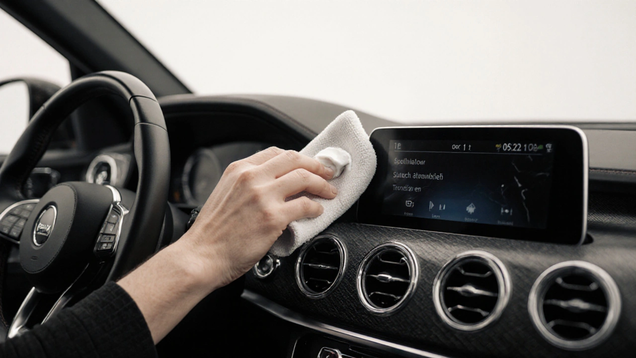 Ruka aplikuje pastu na displej auta pomocí mikrovlákenného hadříku v kruhových pohybech.