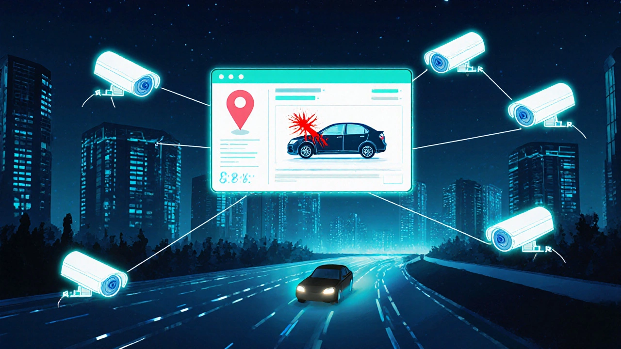 Síť kamerových systémů propojených s aplikací, která identifikuje poškozené auto na městském pozadí.