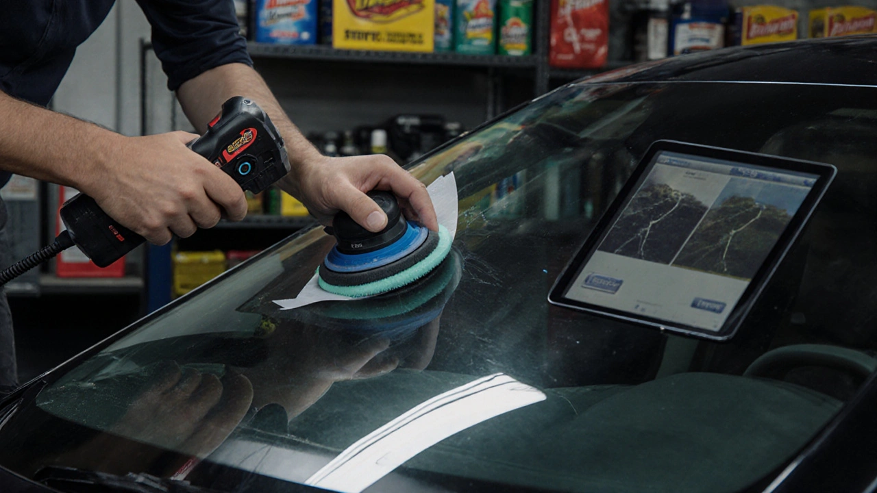 Technik pracuje na čelním skle pomocí profesionálního kitu pro odstranění škrábanec v automechanické dílně.