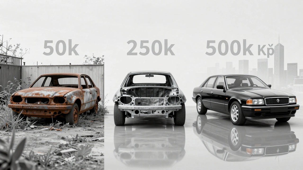 Tři stádia renovace auta: zanedbané, v průběhu a dokončené — s výrazným rozdílem v kvalitě.