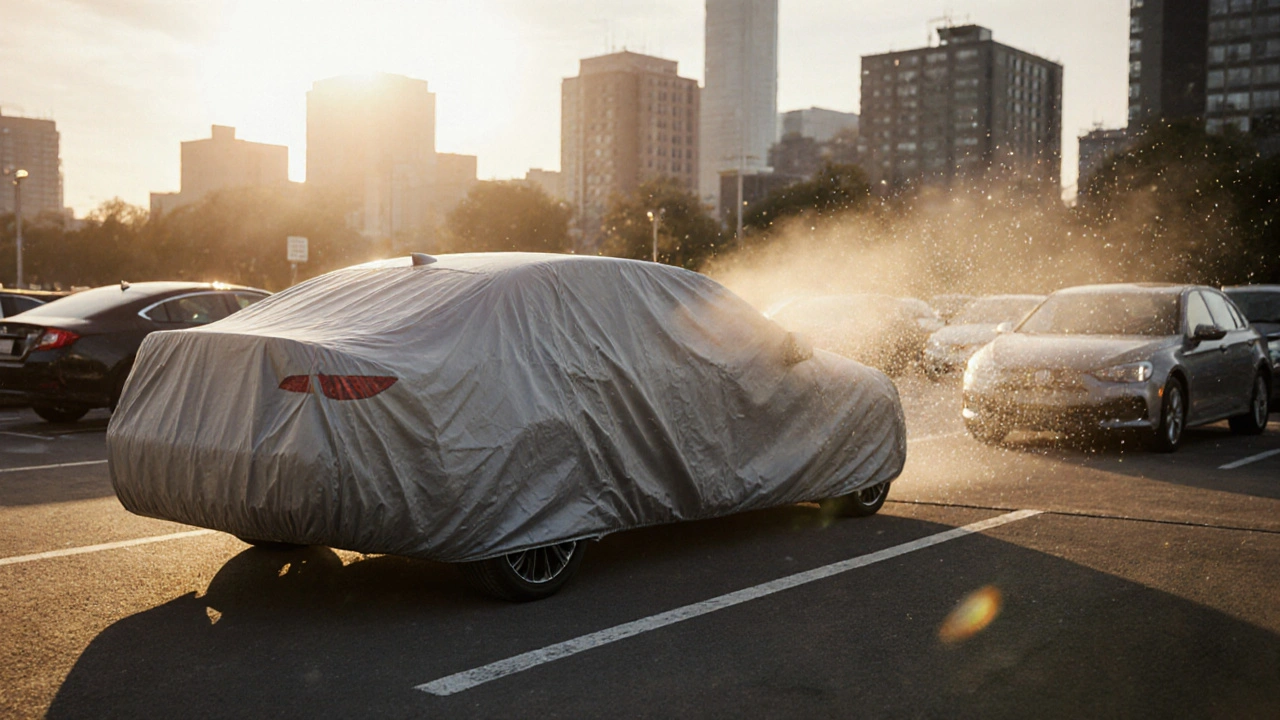 Auto pokryté krytem v parkovišti, kde se jinde natírá vozidlo, s jemným mlhavým efektem přenášeného laku ve vzduchu.