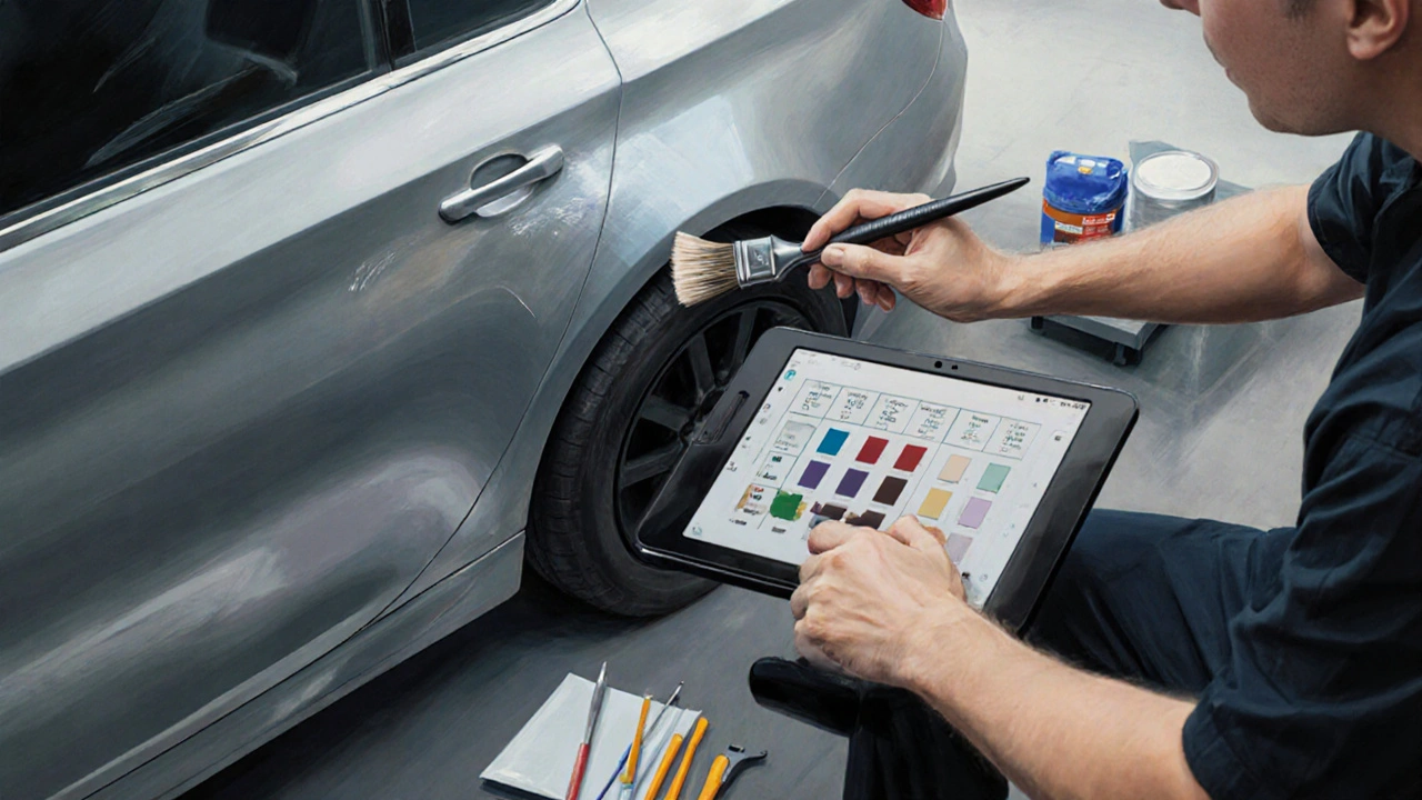 Detailer přesně natírá škrábance na křídle auta s použitím originální barvy.