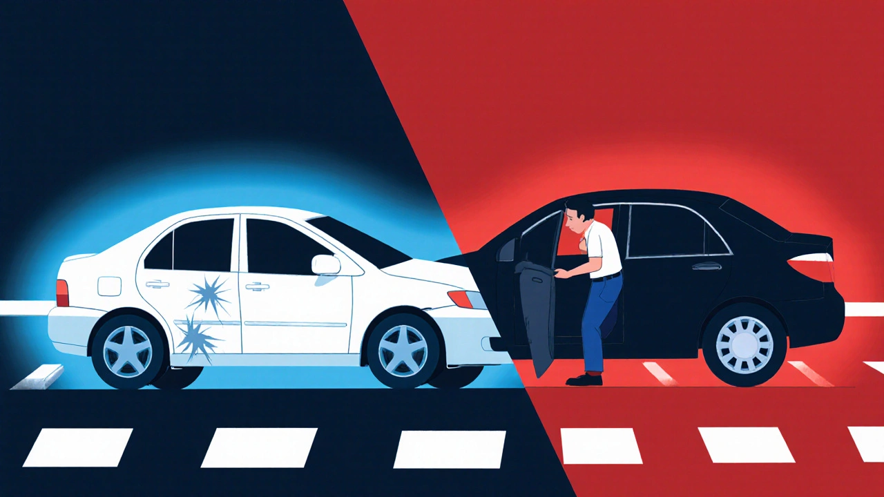 Dvě auta v dopravní nehodě: jedno zastavené s poškozením, druhé s vinou řidiče.