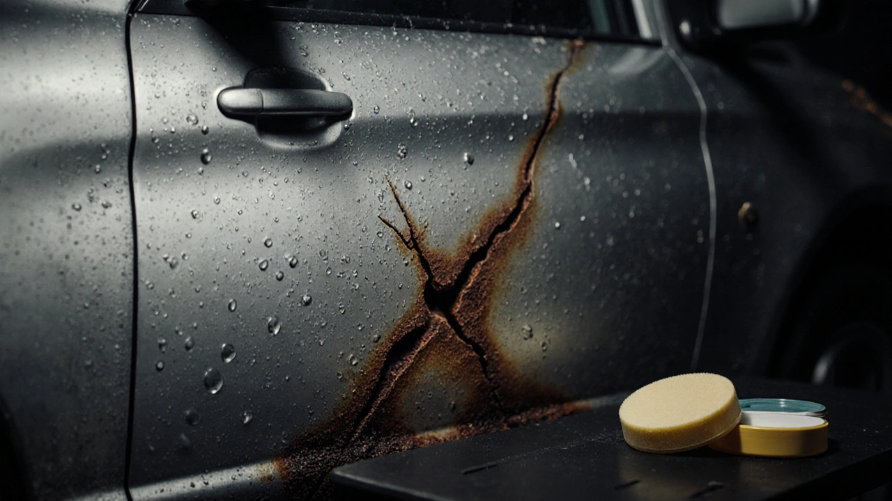 Koroze se rozšiřuje z hlubokého škrábance na kovu auta při tmavém pozadí.