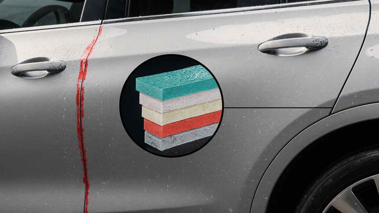 Křivka auta s časovou osou opravy škrábací – od poškození po dokončený lak a vosk.