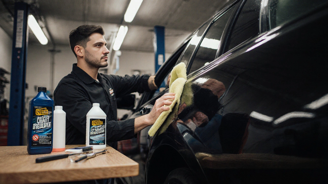 Profesionální detailér čistí cizí lak z křídla auta bez tření, v autodílně s čistými nástroji.
