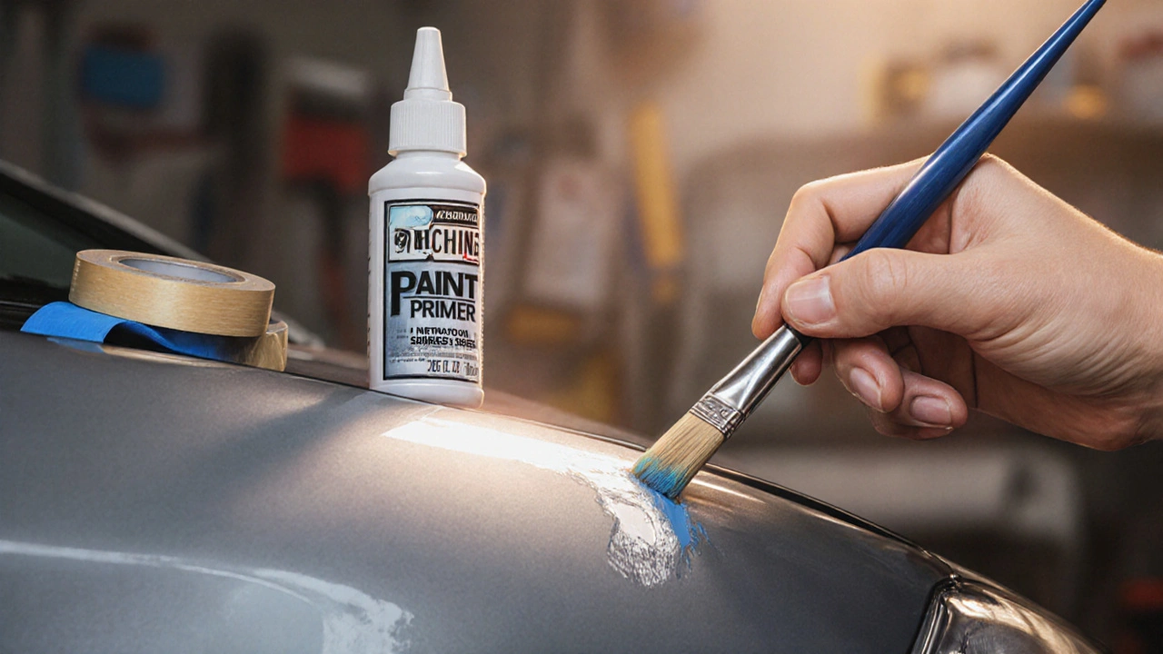 Ruka aplikuje barvu na škrábanec na křídle auta pomocí malé štětce.