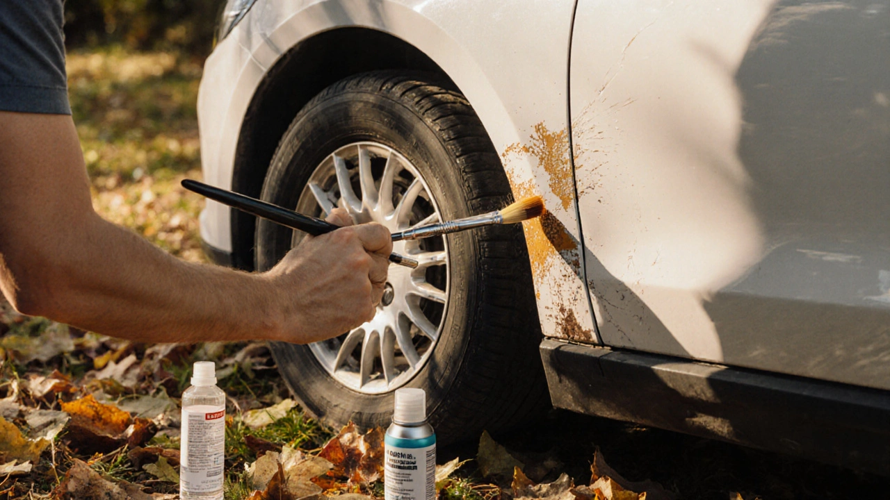 Ruka nanáší originální barvu na škrábanc na křídle auta s malým štětcem.