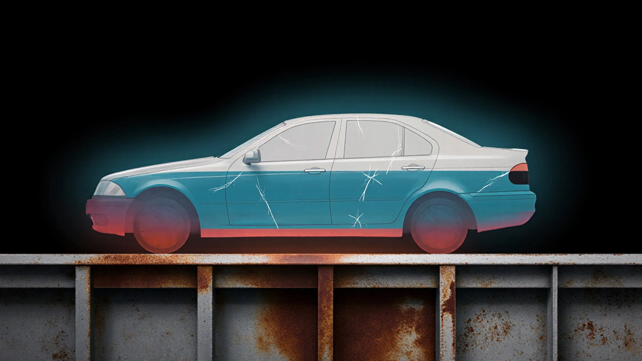 Tři vrstvy auta – lak, barva a kov – s ochranným primerem proti korozi.