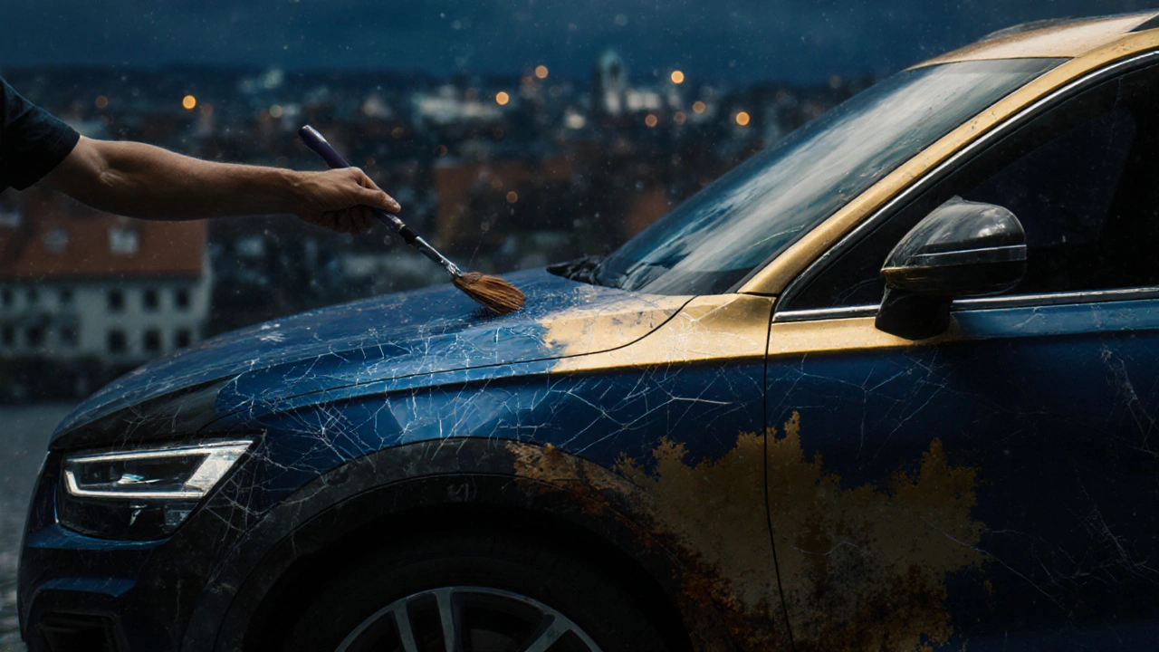 Vizualizace přeměny hlubokého škrábance na lesklý povrch s keramickým nátěrem.