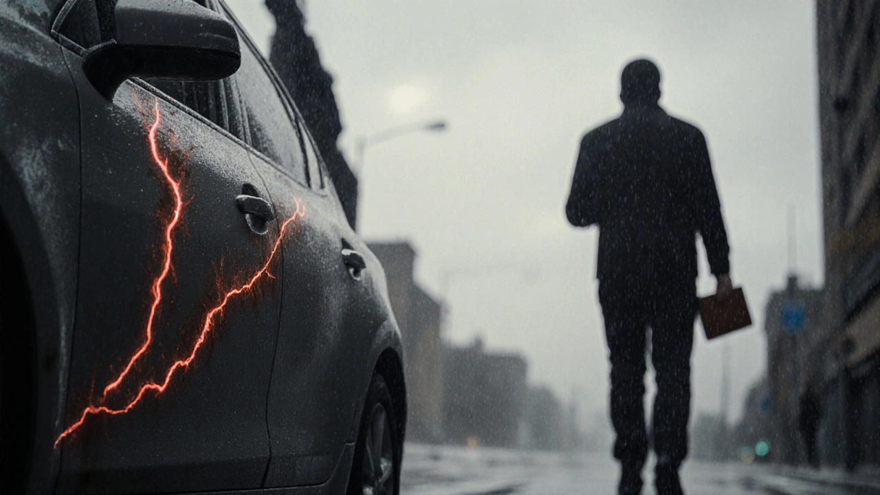 Hluboký škrábanec na autě s viditelnými známkami koroze pod lakem v dešti.