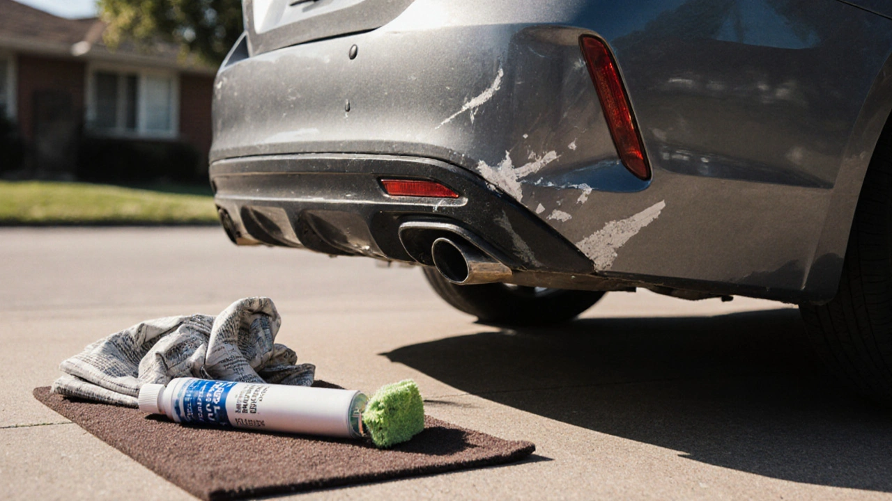 Opravený nárazník s lesklým, dokonalým povrchem, vedle něj polérovací pasta a hadřík.