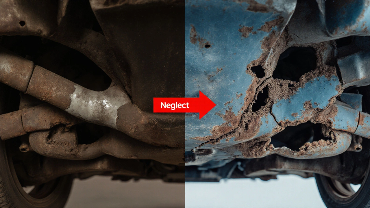 Porovnání zdravého a poškozeného kovu podvozku auta s vysvětlením neglance.