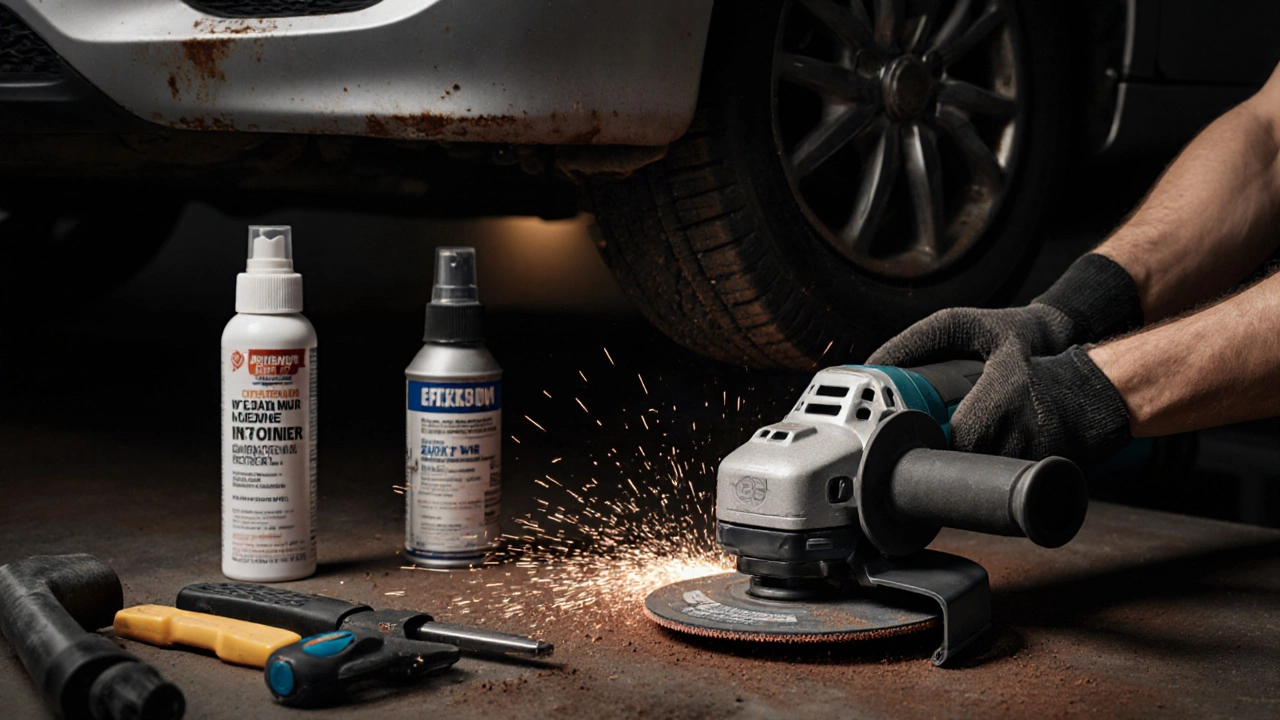 Ruce s bruskou odstraňují rživou korozi z podvozku auta, viditelné iskry.