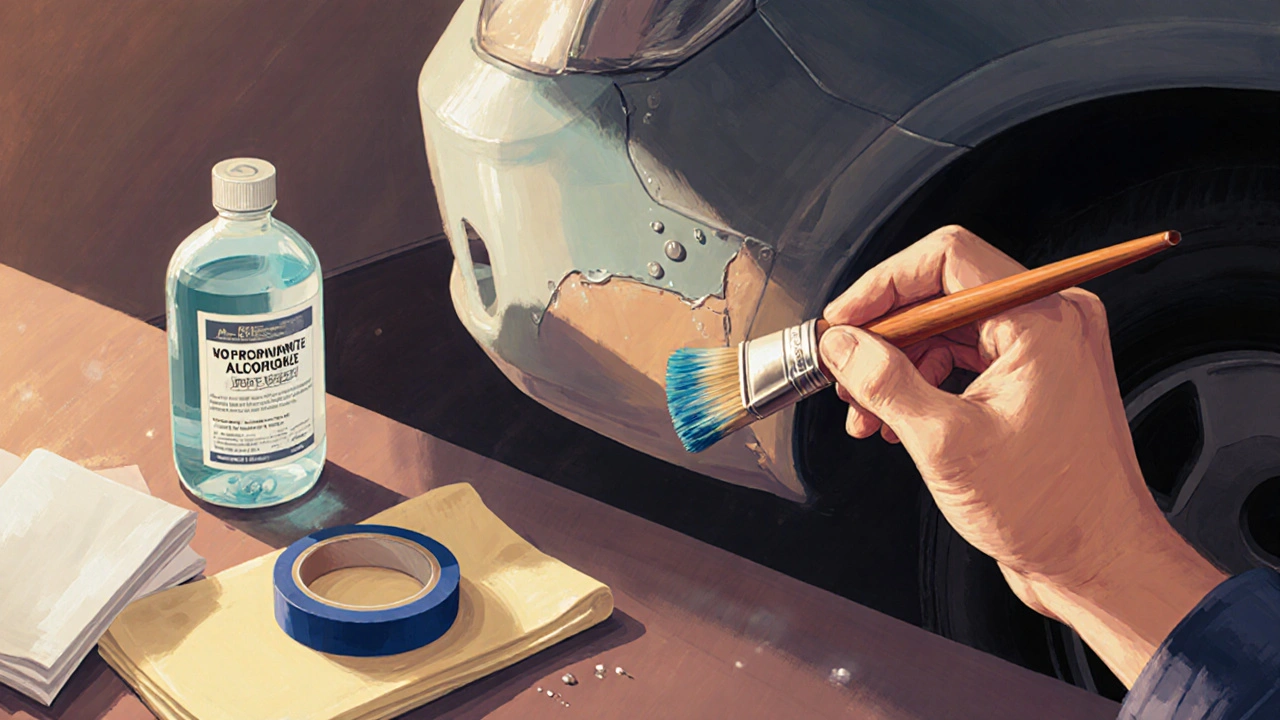 Ruka nanáší barvu na poškozený nárazník malým štětcem, tři tenké vrstvy barvy jsou viditelné.