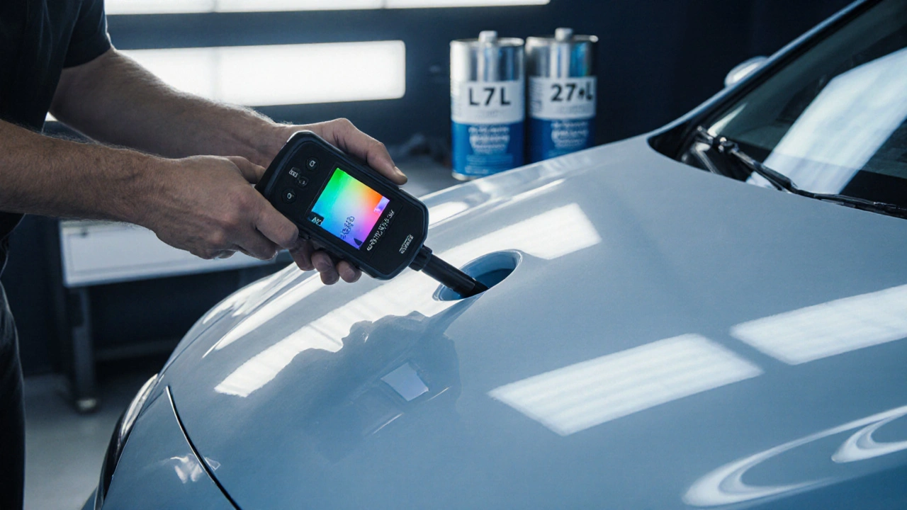 Technician measuring car paint color with a colorimeter in a studio.